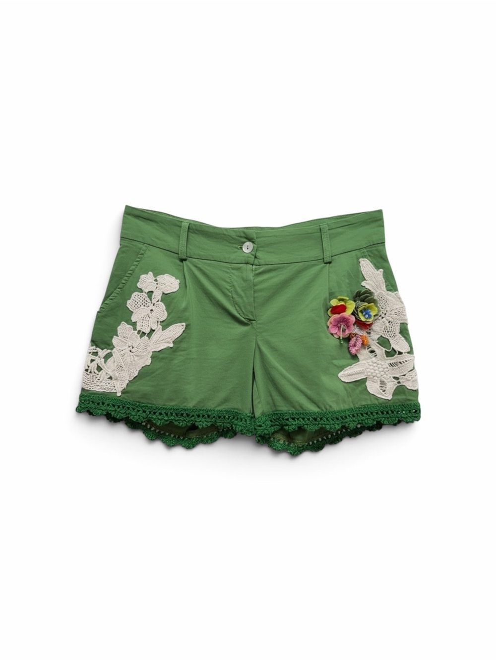 Raffaela D’Angelo Crochet Appliqué Green Cotton Shorts Size Small